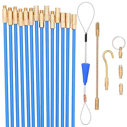 30 Feet Fiberglass Fish Tape Cable Rods, Electrical Wire Running Push/Pull Kit with Hook and Hole Kit in Transparent Tube,21 Rods