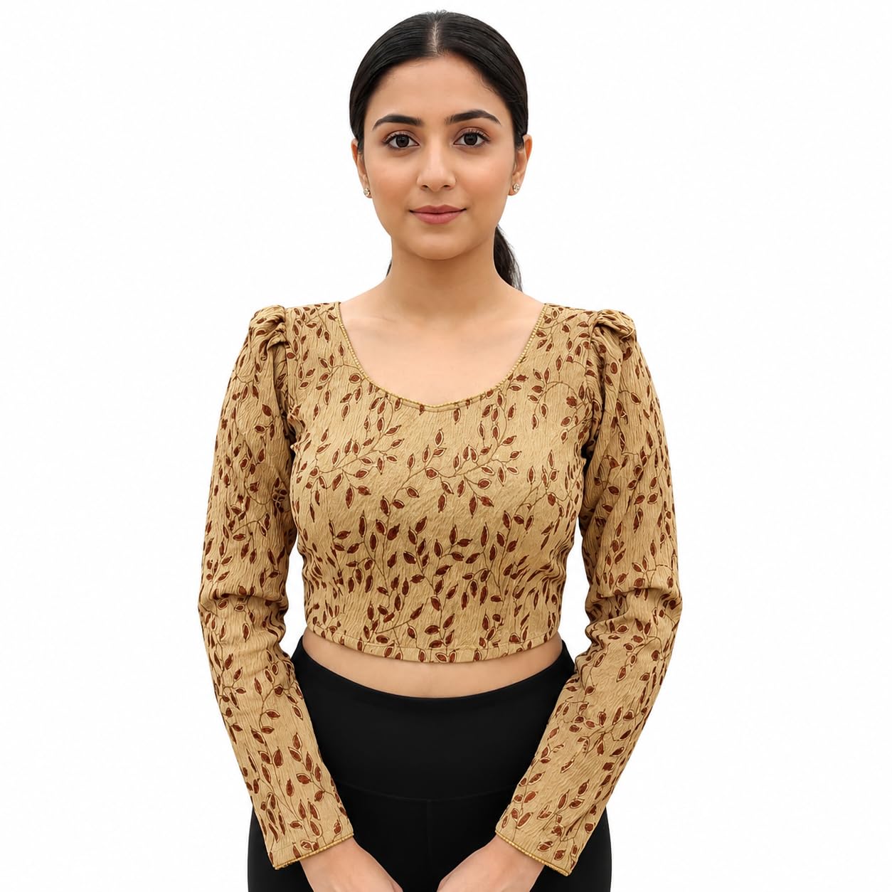 pre smart Women's Gold Leaf Print Stretchable Readymade Saree Blouse | Full Sleeve | Round Neck | Soft Comfortable Fit | Free Size 30-36 | Plus Size 38-42-picture-47