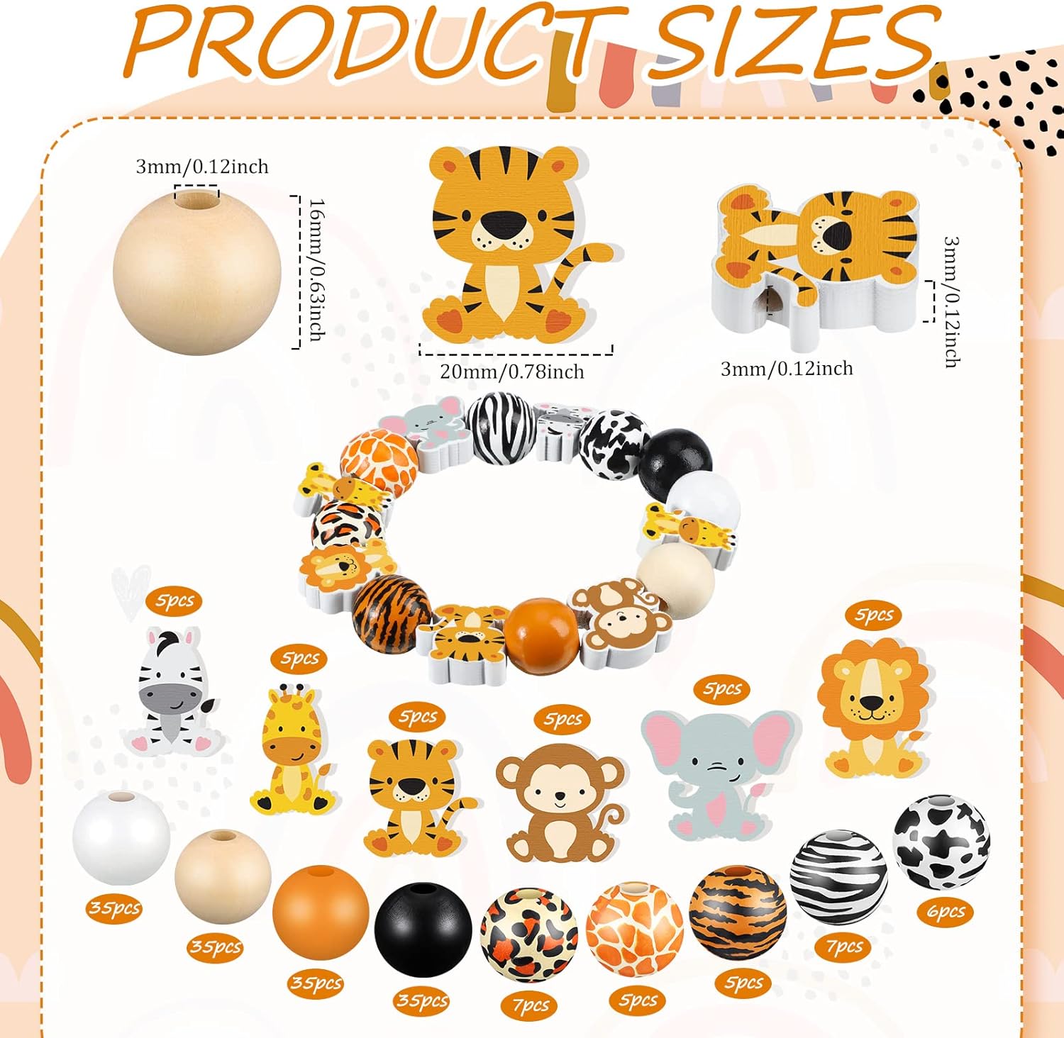 200 Pcs Cute Jungle Animals Wood Beads with Cow Leopard Tiger Giraffe Print Pattern Spacer Loose Beads for Room Party Decor Indoor Tiered Tray Wall Hanging Ornament - Image 2
