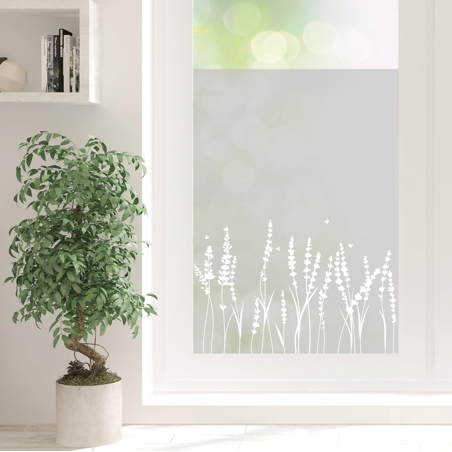 Sichtschutzfolie Lavendel Florale Fensterfolie Fensterdeko Milchglasfolie Wiederverwendbar Sichtschutz, 75 cm hoch, 110 cm breit