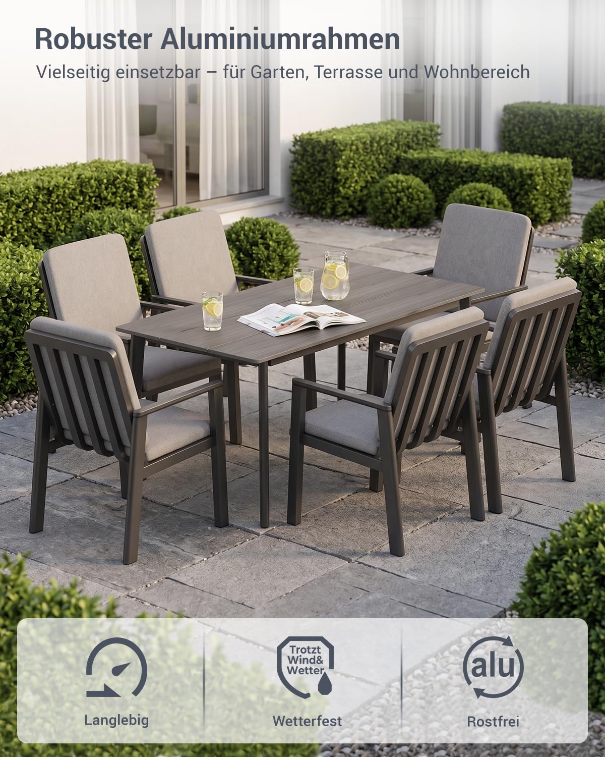 Atenza Gartenmöbel Set 7-teilig wetterfest, Tisch 150x80 cm, 6 Stühle | Aluminiumgestell, PS-Holzoptikplatte, Auflagen mit Haltebändern, verstellbare Füße, für Terrasse Garten Balkon