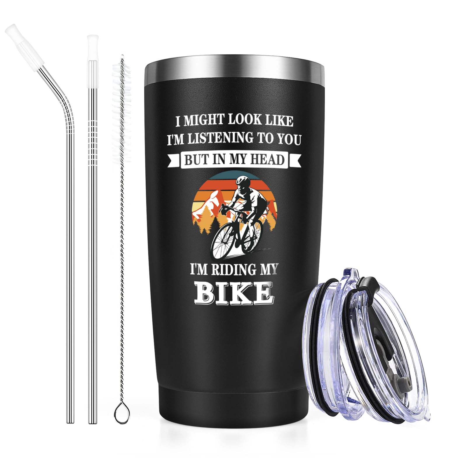 Livole Cycling Gifts for Men, Him, Biker, Cyclist, But in My Head I'm Riding My Bike, Biker Gifts for Men, Christmas Mens Present for Him Unique, 20oz Insulated Wine Tumbler, 600ml Coffee Travel Mug