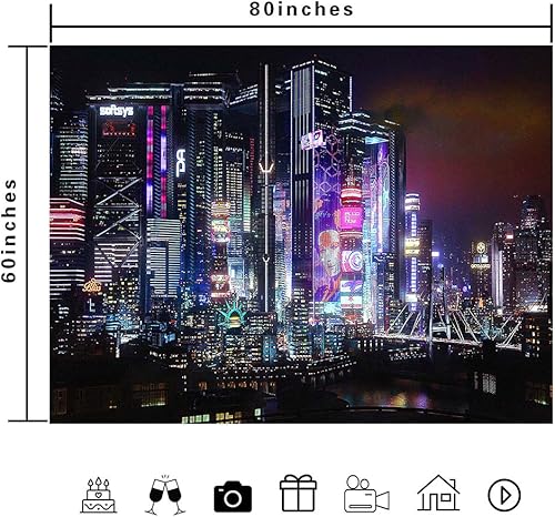 Miniatura 5 de Ine Ive Tapiz con vista nocturna de ciudad, escena de juego punk, edificio neón, vista al río, para colgar en la pared, de franela urbana bulliciosa