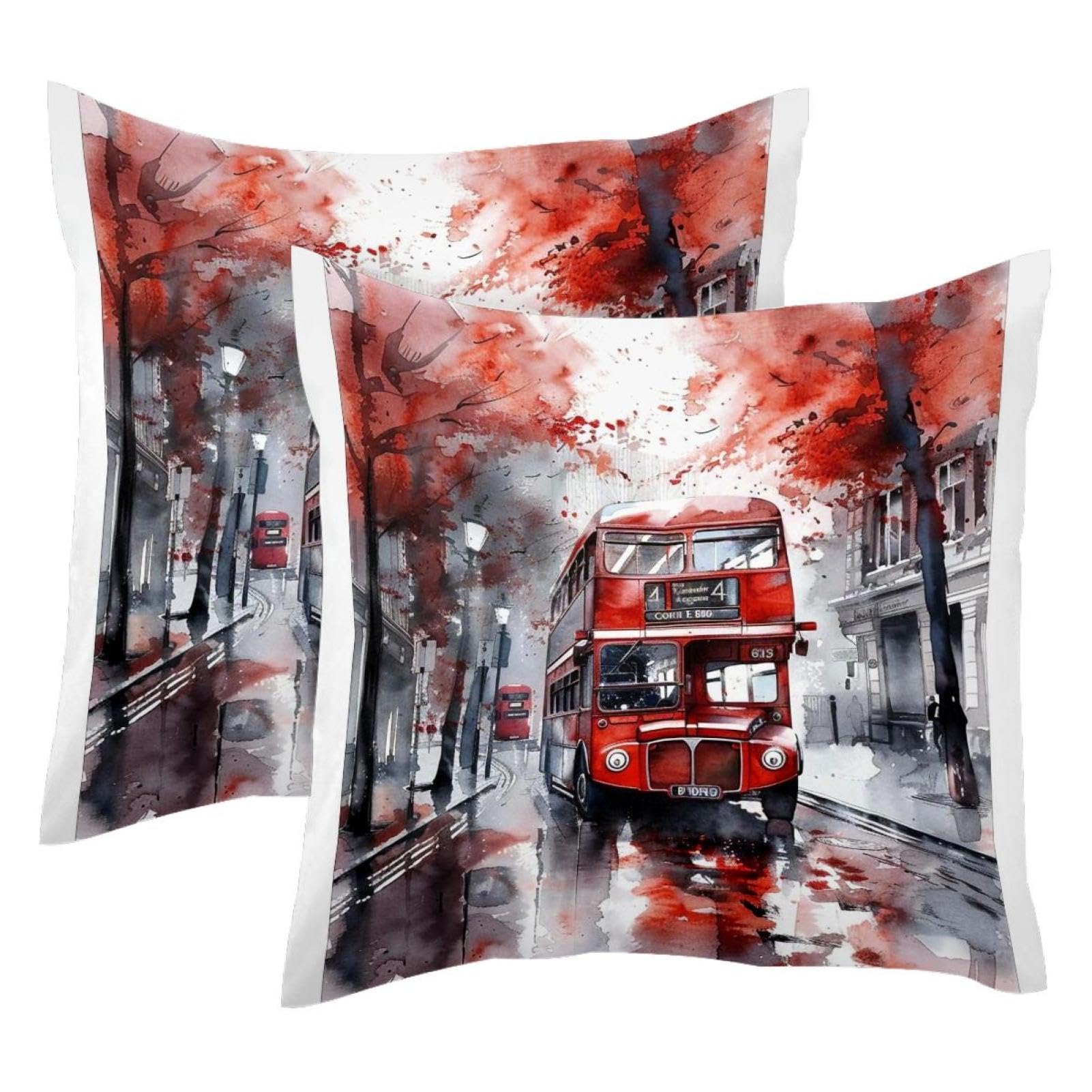 Housse de coussin en velours doux 50 x 50 cm au design bus rouge et finitions soignées