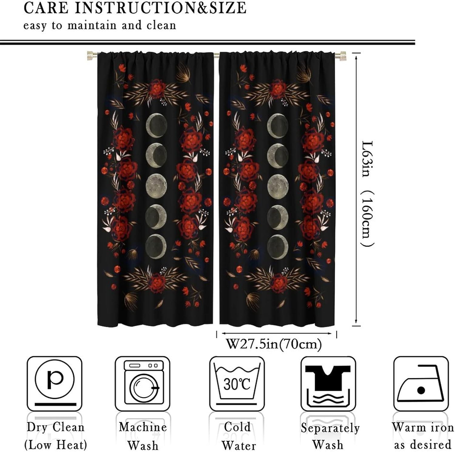 Moon Floral Curtains Black Flower Wildflower Phase Moonlit Garden Boho Spring Vines Nature 2 Panel Window Treatment Set for Bedroom Living Room Decor 55x63 Inch Blackout