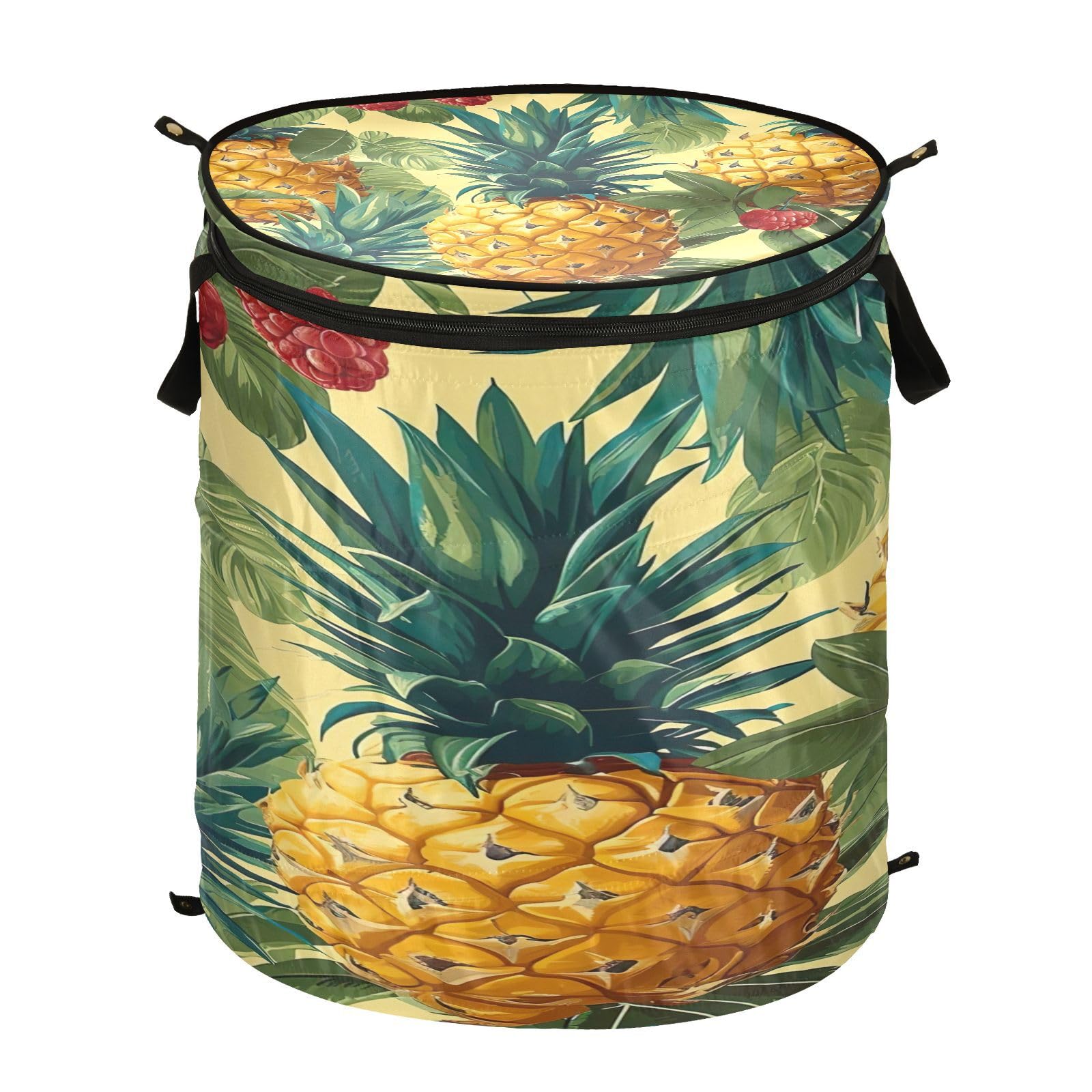 Pineapple in Tropical Fruit Laundry Hamper Pop up with Zip Lid, 50L Foldable Portable Laundry Basket, 15.7x18.5in