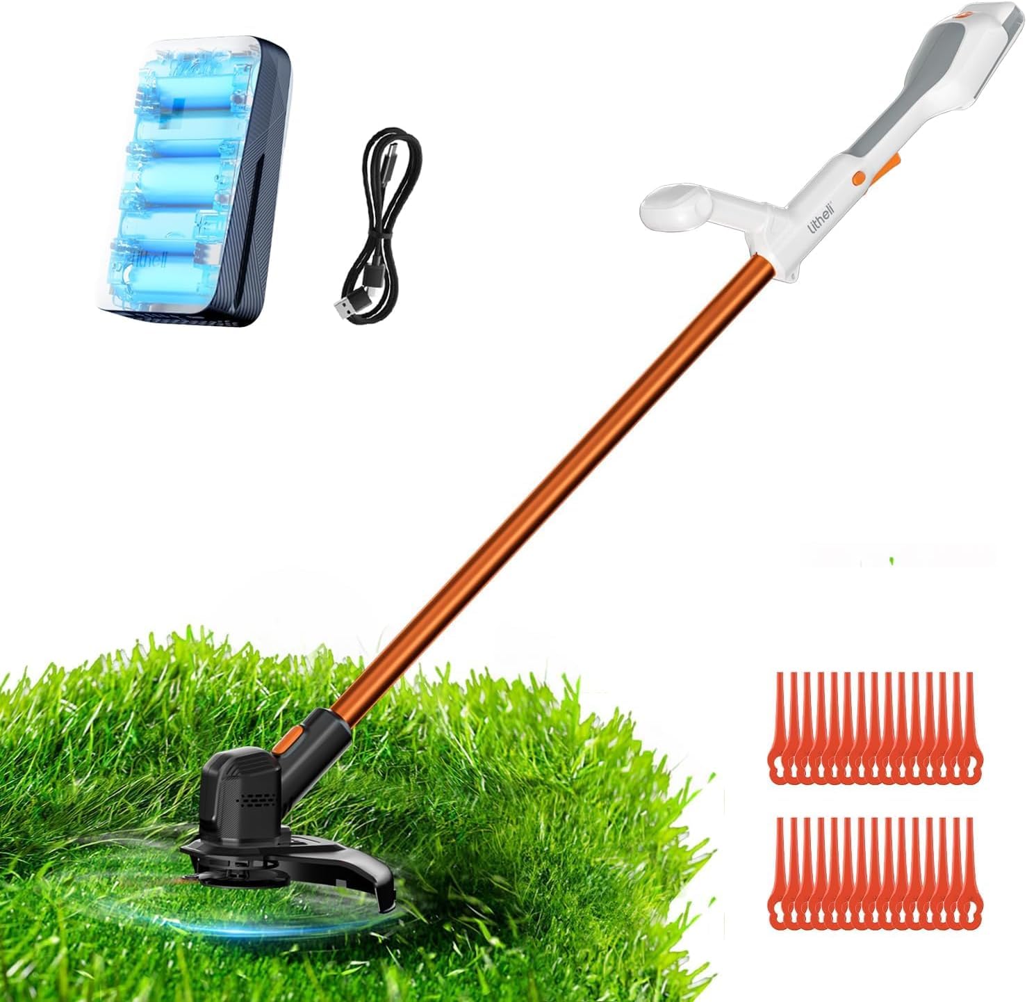 Litheli Tagliaerba a batteria da 20 V, 25 cm, con 30 lame in plastica, tagliabordi a batteria con batteria da 2,0 Ah, tagliaerba elettrico per giardino, cura del prato ed erbacce