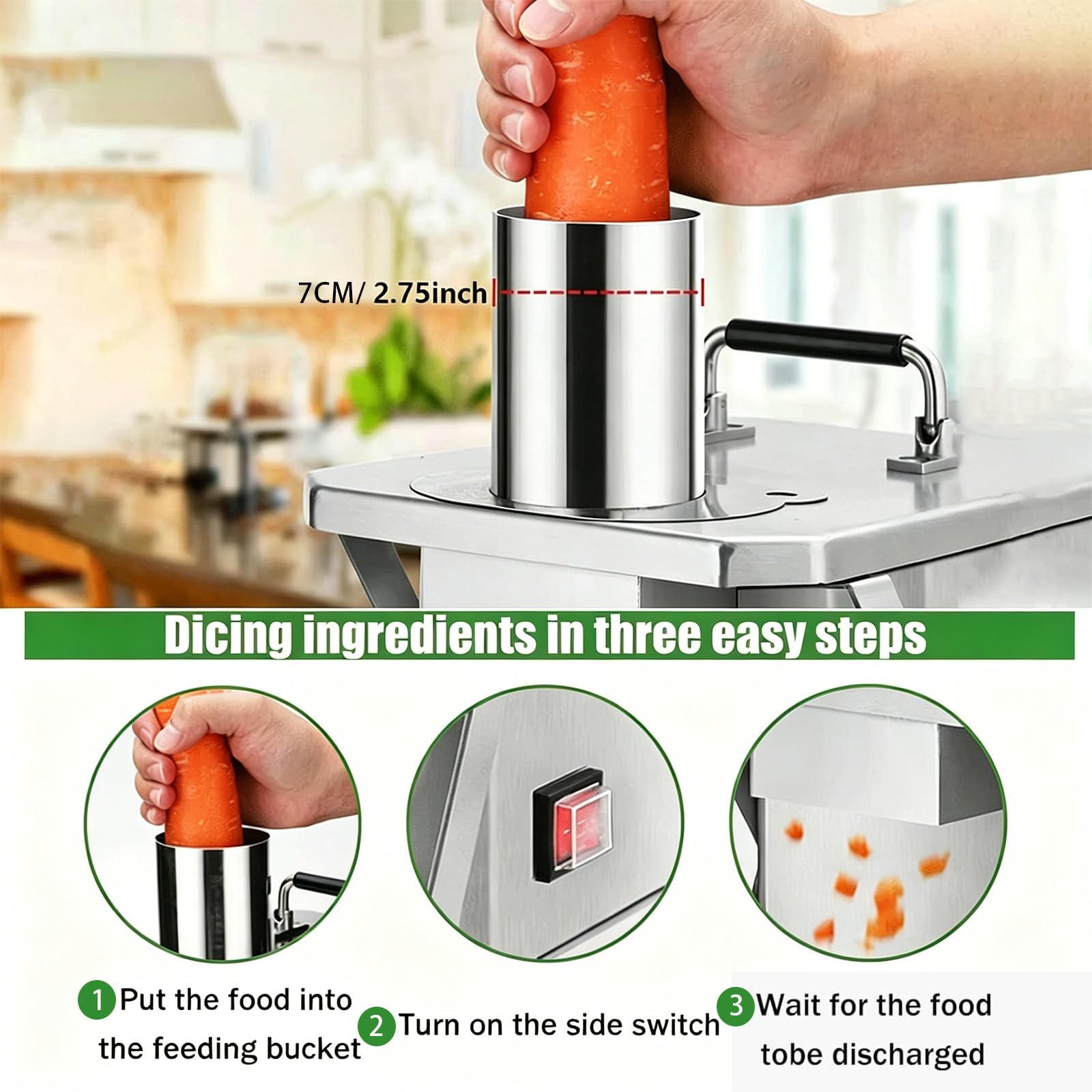 Robot da Cucina Professionale Taglia Verdure a Cubetti - 5 Griglie 6-15mm - Automatico, Sicuro - 165 lb/h - Acciaio Inox Lavabile - per Ravanelli, Sedano 8mm