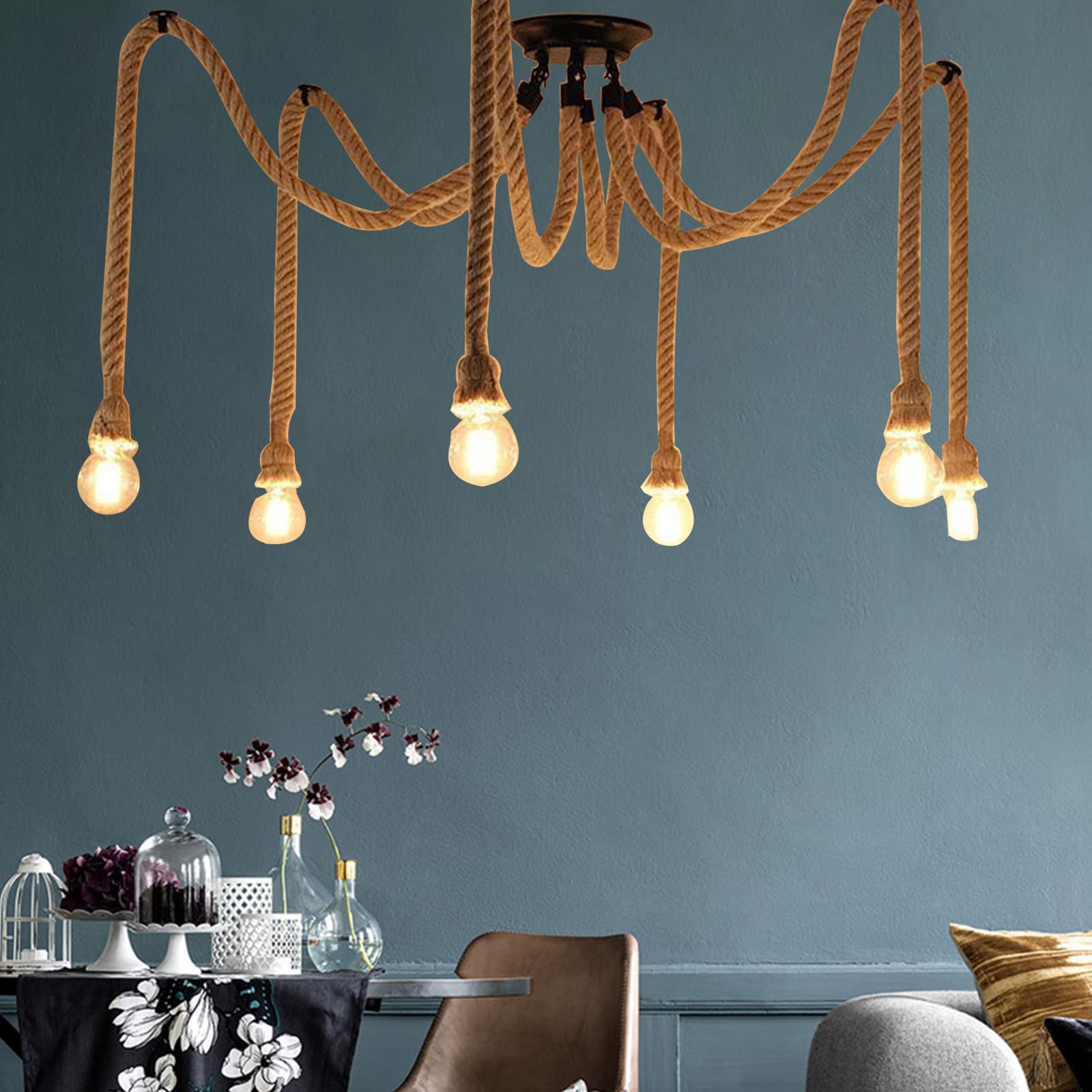 Lámpara de araña industrial retro de cuerda de cáñamo, lámpara colgante Hemp Rope Light con 1/3/6 luces, cuerda de cáñamo DIY vintage colgante con portalámparas E27, para sala de estar