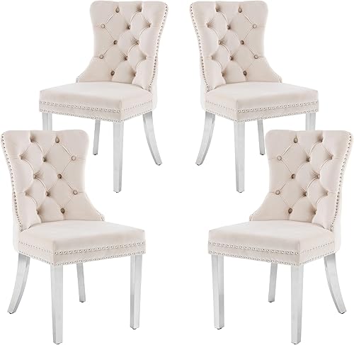 Miniatura 11 de KCC Juego de 6 sillas de comedor de terciopelo, silla de comedor tapizada de alta gama con respaldo acolchado, anillo de tracción de cabeza de