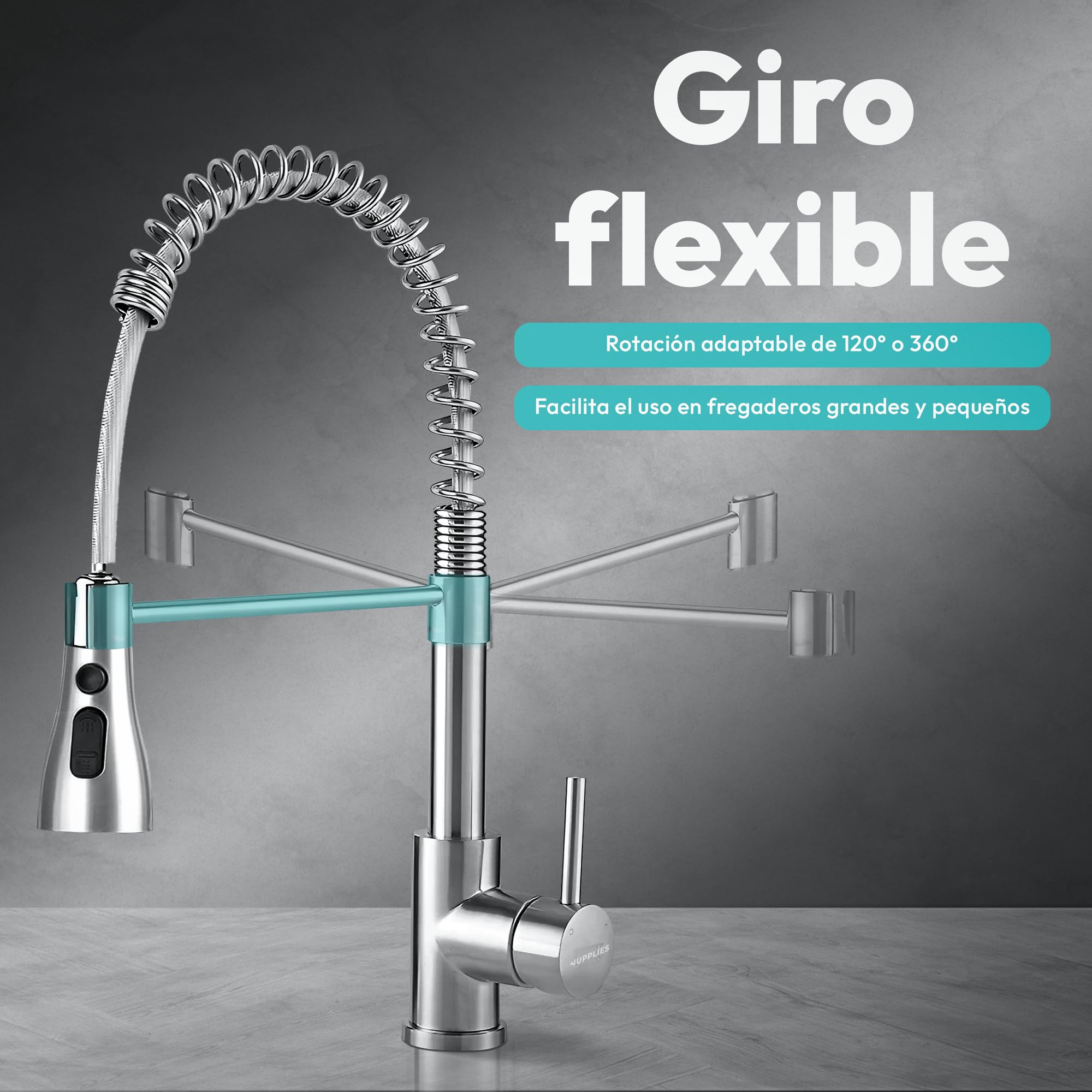 JUPPLIES Grifo Cocina Extraible Profesional – Acero Inoxidable, 360°, Diseño con Resorte, 2 Modos de Agua, Grifo Fregadero Cocina Extraíble, Fácil Instalación, Grifos Cocina Modernos