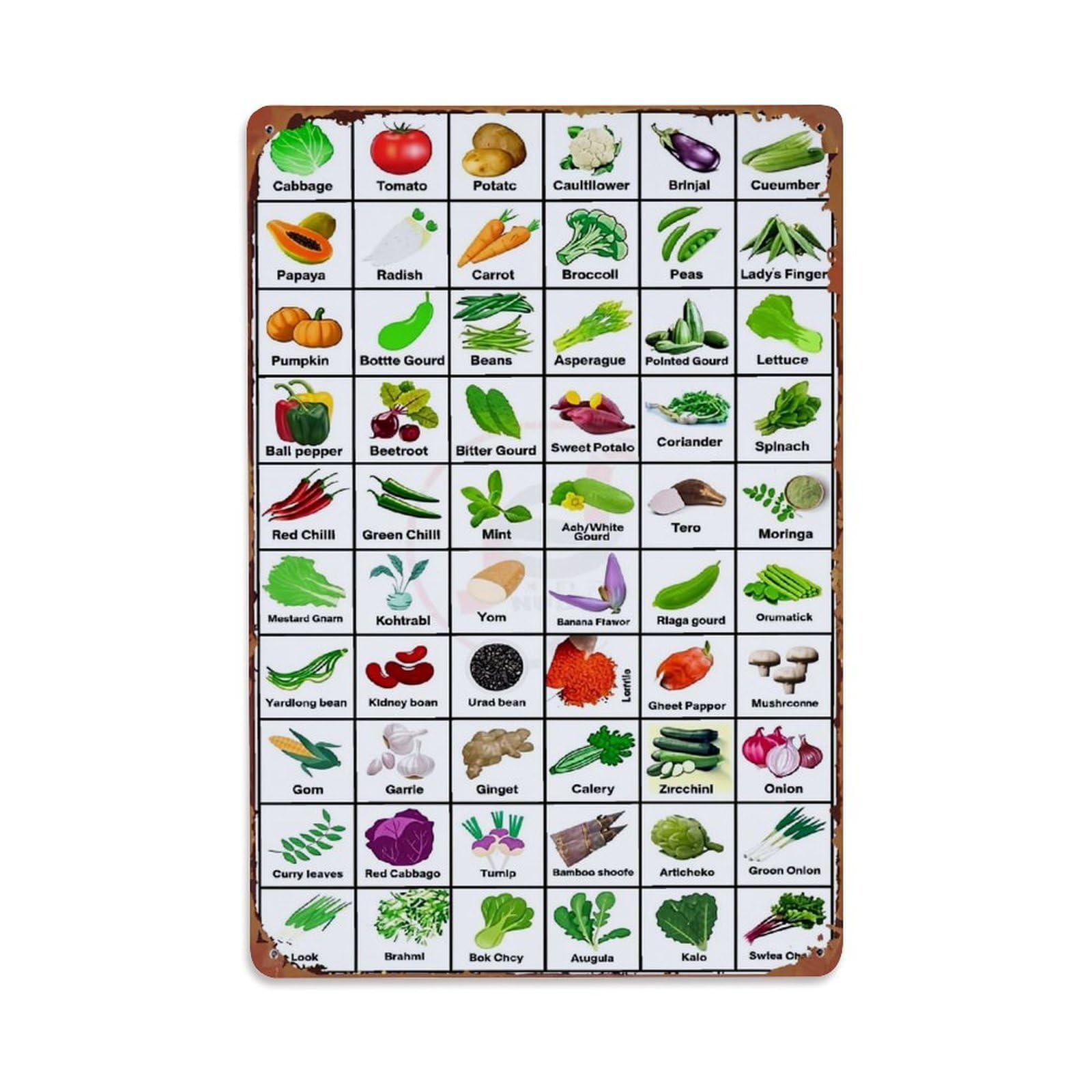 Jdfenggu Vintage Vegetable Grid Chart Pattern Retro Metal Tin Sign, Decor Art Poster For Bar, Home, Man Cave, Kitchen, Laundry Room Gift 8X12inch