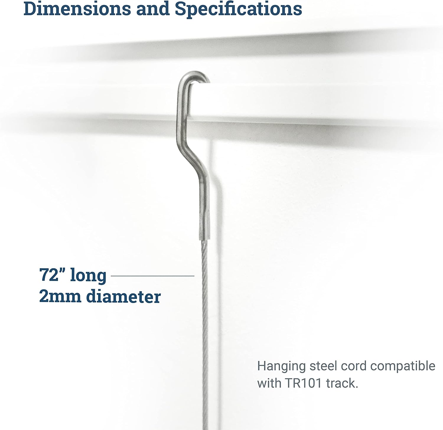 Steel Picture Hanging Cord 2mm Diameter 72-Inch with Large Hook - Compatible with TR101 Wall Track Picture Hanging System - Supports Up to 28 lbs - 5 Pack