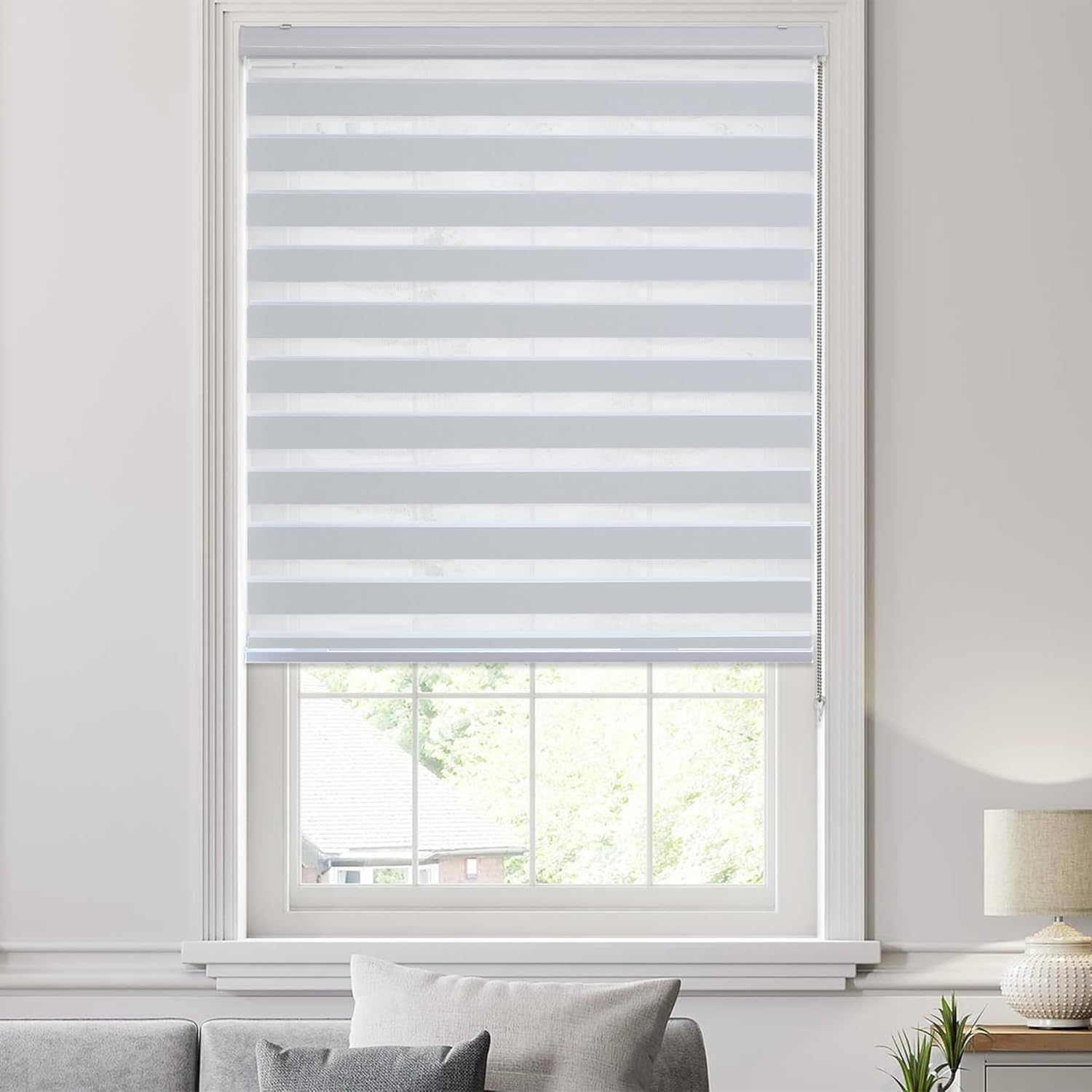 Zebra Blinds for Windows, 33 x 72 Inches Greyish White Zebra Roller Shades, Light Filtering Room Darkening Window Treatments for Living Room, Bedroom, Kitchen, Office, Bathroom, French Door 33"W x 72"L Greyish White