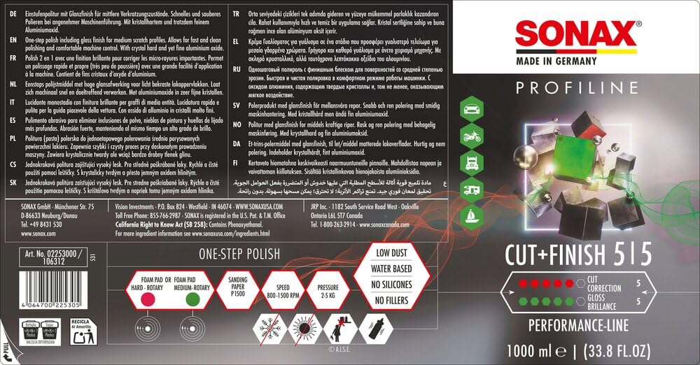 SONAX PROFILINE Cut+Finish (1 Litro) Pulimento abrasivo para eliminar inclusiones de polvo, nieblas de pintura y huellas de lijado más profundas | N.° 02253000