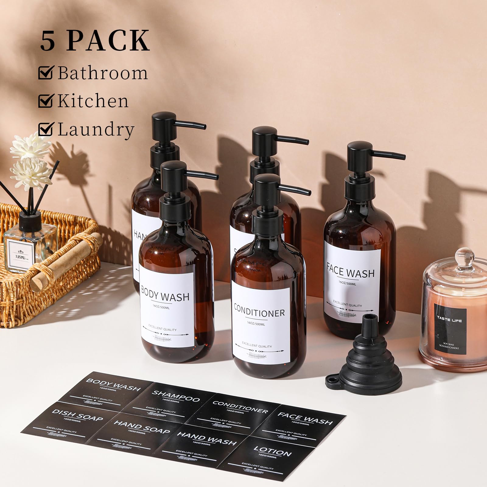 Mithrgrous Shampoo and Conditioner Bottles(5Pack),Shampoo Dispenser for Shower,Bottles Refillable with Pump,Bathroom Dispenser Sets(Amber)