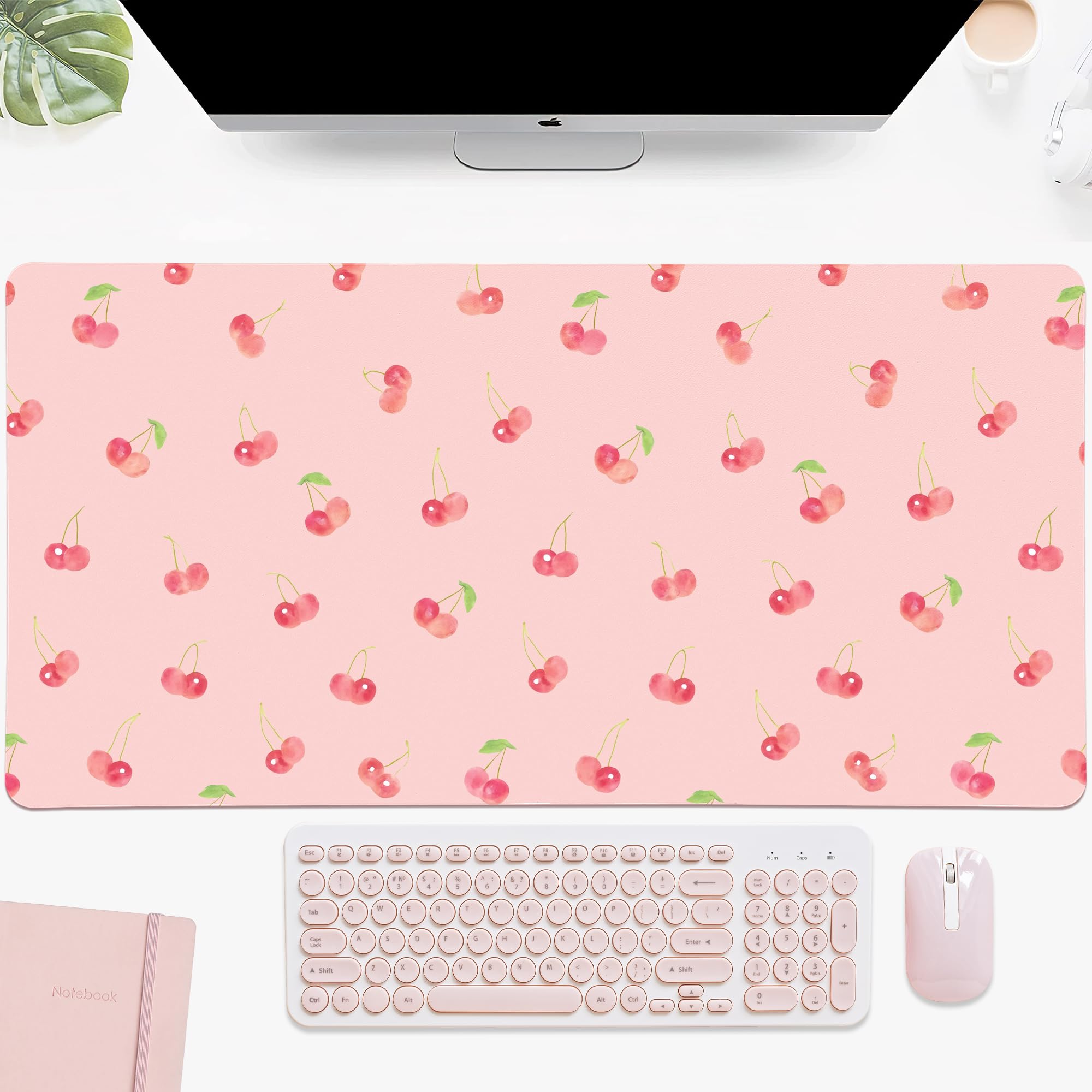 Idocolors Lovely Cherry Desk Mat, Pink Extended Gaming Keyboard Mouse Pad, Large Cute Kawaii Women Office Desk Cover Mat Protector 27.6"x13.8"