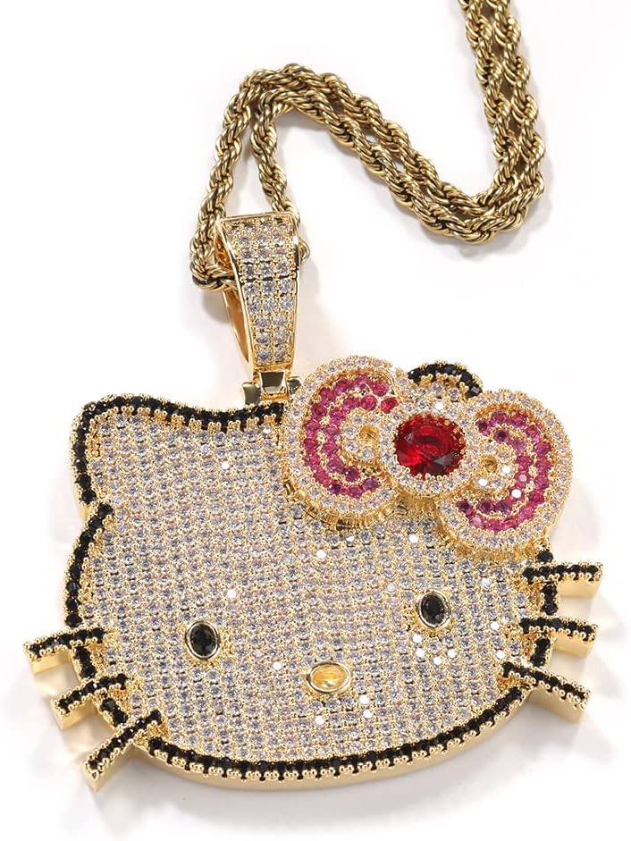 The Jewelers House 14K Gold Finish Unisex Simulated Diamond Iced Out Cute Hello Kitty Head Cartoon Charm Pendant Necklace Set Free Rope Chain, Birthday Gift