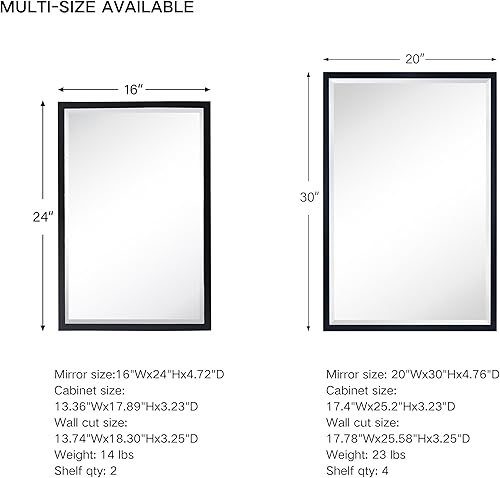 Miniatura 5 de TEHOME Botiquín de baño empotrado negro con espejo de esquina cuadrada rectangular con marco de metal con espejo biselado de 20 x 30 pulgadas