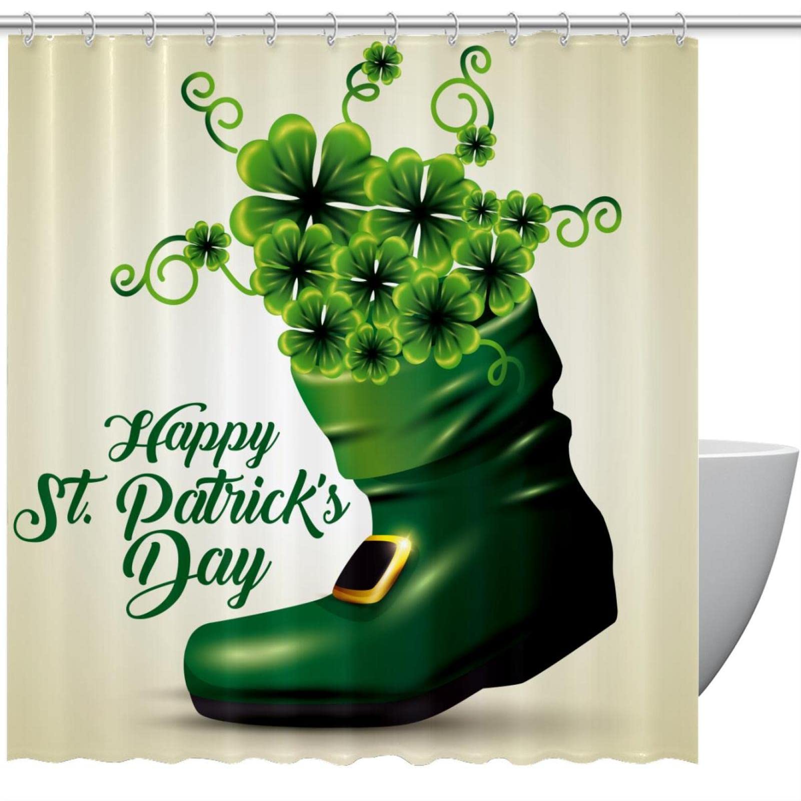 Rideaux de douche Green Clovers pour salle de bain avec 12 crochets