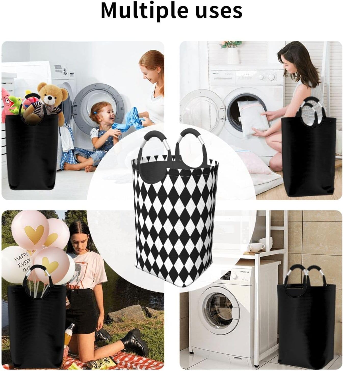 Large Laundry Basket, Black and White Harlequin Pattern Laundry Hamper Bag Collapsible Washing Bin With Handles for College Dorm, Family Essentials Storage