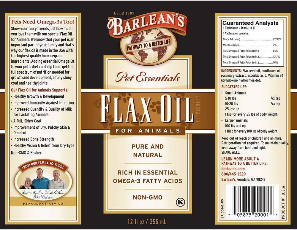 Barlean's Fresh Flax Oil for Animals with Rich Essential Omega-3 Fatty Acids for Pet Well-Being and Health - Non GMO - 12-Ounce