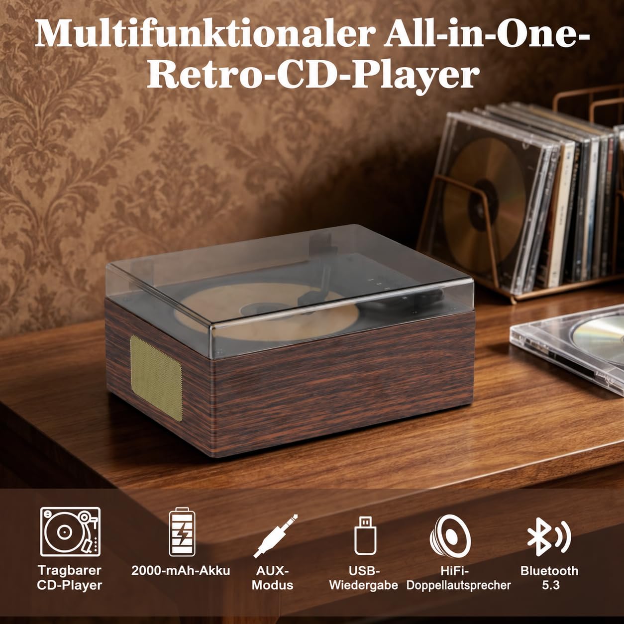 PRTKPETS Retro-CD-Player mit Bluetooth 5.3 Hi-Fi-Lautsprechern(braun)