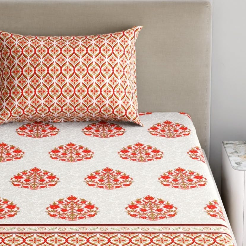 Image of Home Ecstasy 100% Cotton Single Bedsheet with 1 Pillow Cover - (Size 59 x 87 inches, 140 TC, Colour - Red)