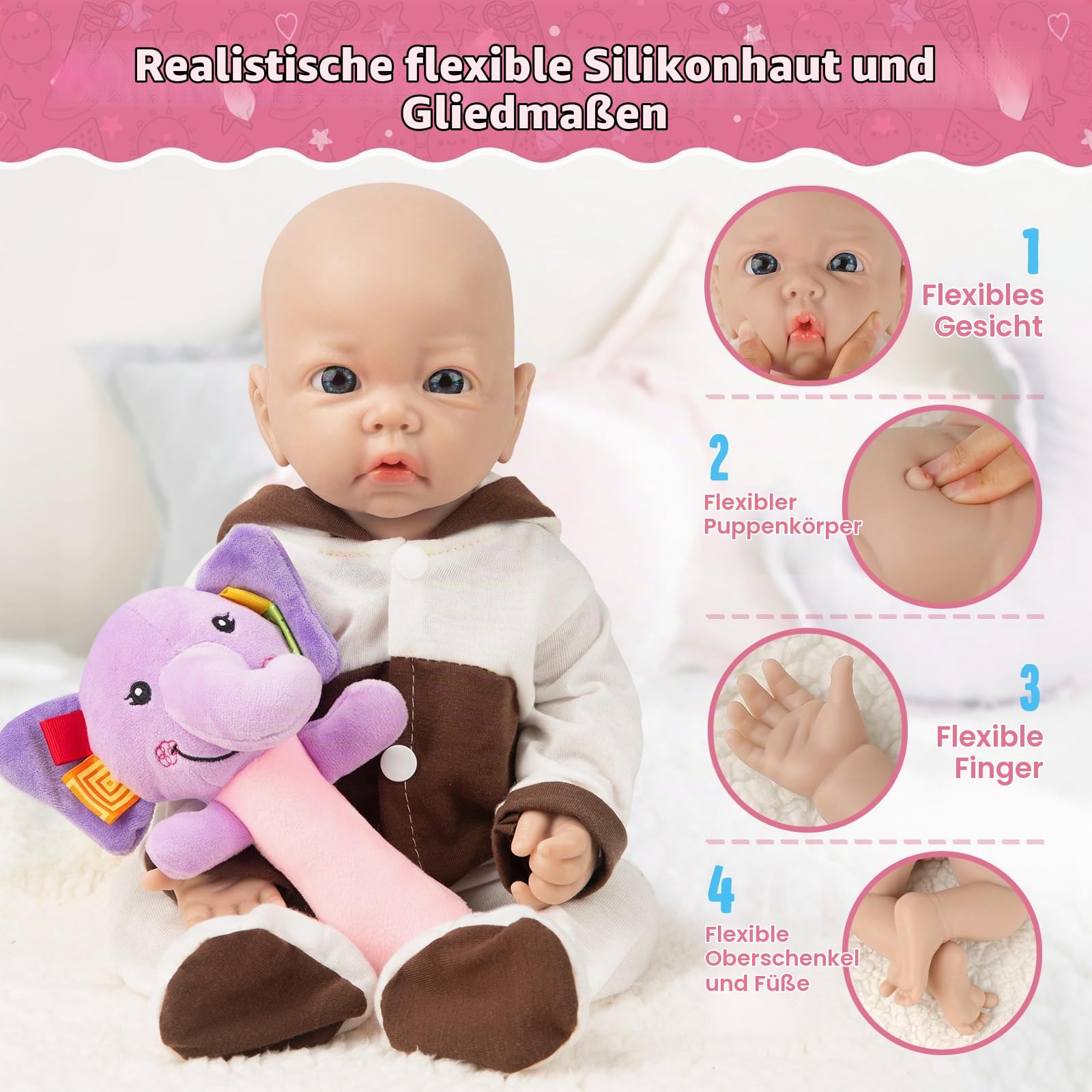 Vollence 40cm Silikon Reborn Baby Puppe – Vollsilikon Babypuppe, Stressabbau-Spielzeug für Kinder und große Freude - Mädchen