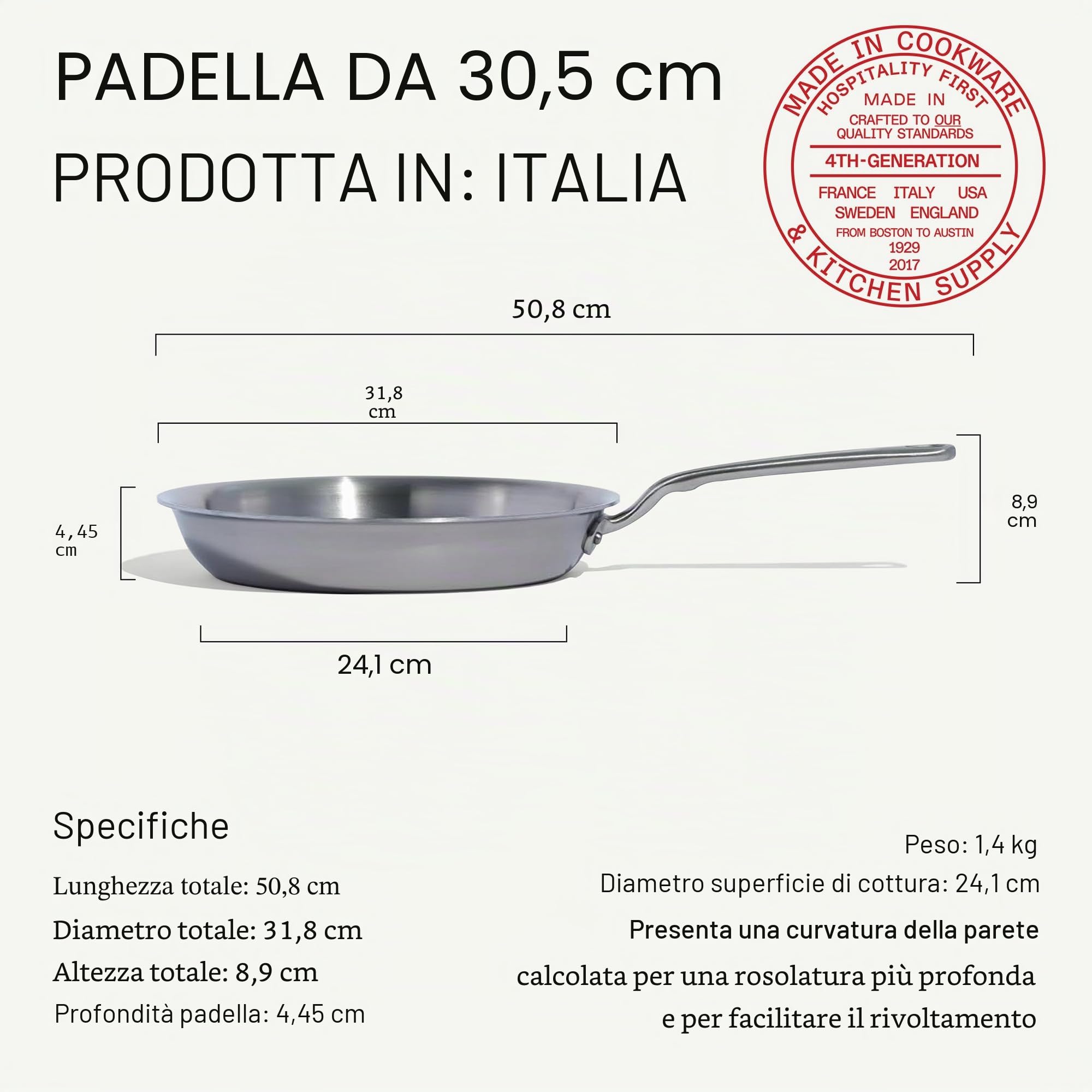 Made In Cookware - Padella in Acciaio Inossidabile da 30,48 cm - Prodotto in Italia - Rivestimento in Acciaio Inossidabile a 5 Strati - Pentole Professionali - Compatibile con Induzione
