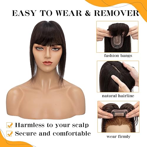 Miniatura 5 de S-noilite Toppers para el cabello para mujer, con flequillo, 8 pulgadas, base de seda negra natural #1B, clip en la parte superior para mujeres con