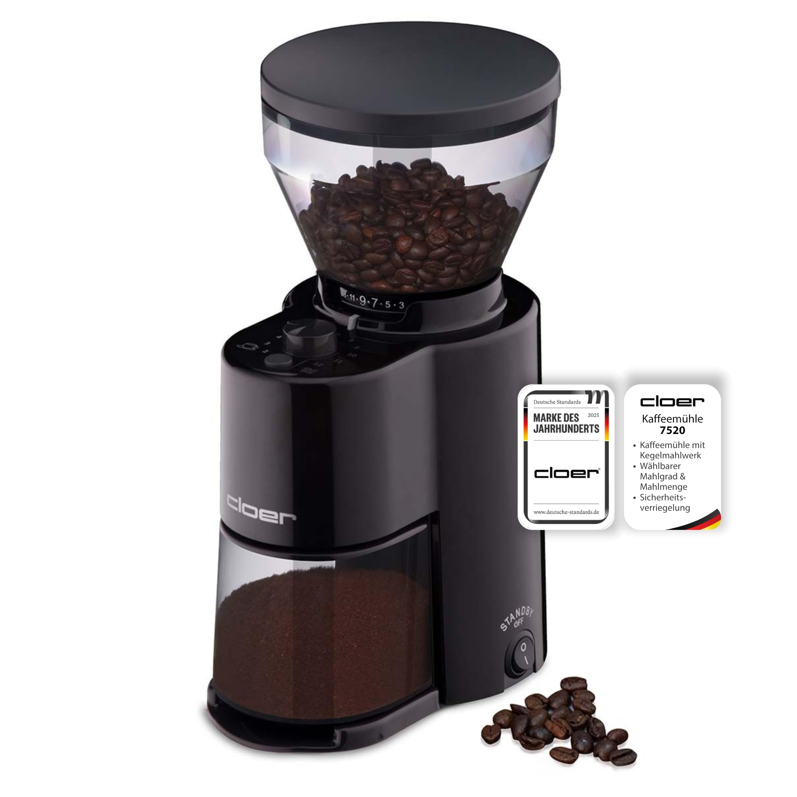 Cloer 7520 Elektrische Kaffeemühle mit Kegelmahlwerk aus Edelstahl, 2-12 Tassen, 300 g Kaffeebohnen, verstellbarer Mahlgrad, schwarz, 150W