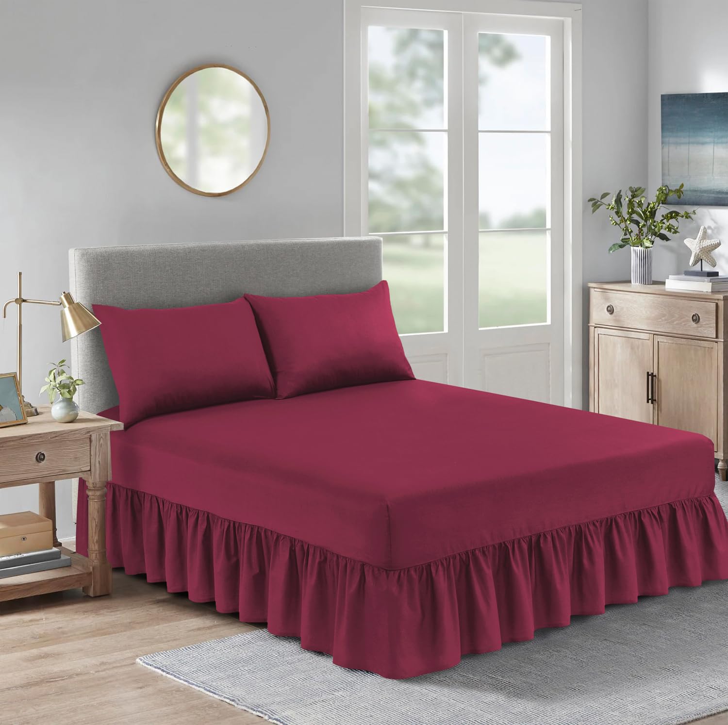 Premium Valance Fitted Sheets with Elegant Ruffles – Wrinkle-Free, Durable Bed Skirts for All Mattress Sizes, Easy to Install (BURGUNDY, SINGLE)