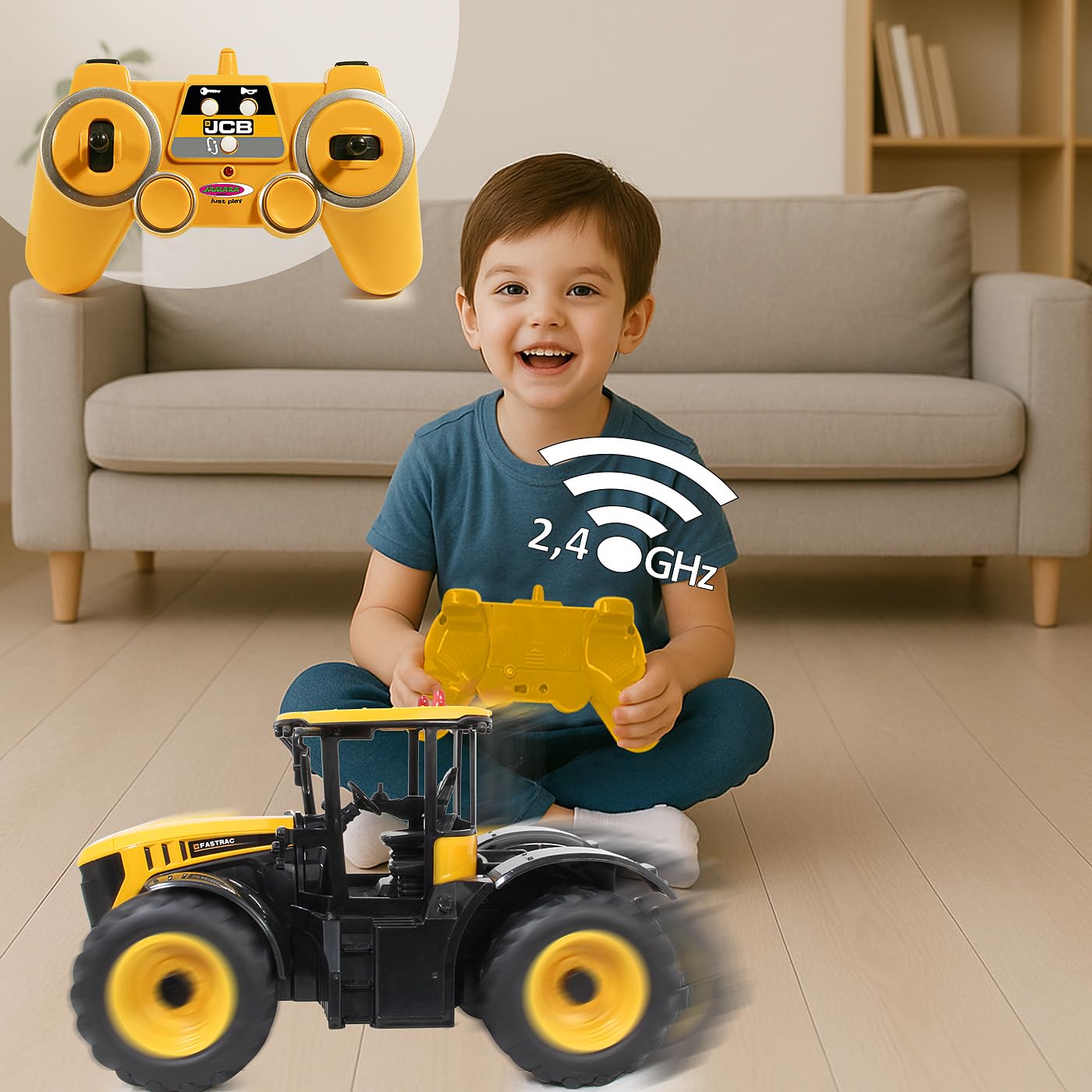 JAMARA Fastrac Traktor 1:16 2,4GHz – Motorsound (abschaltbar), Rückfahrwarnsound, Hupe, 2 Radantrieb, profilierte Gummireifen, LED Licht, Blinker, Auto-Standby und Demo-Modus, 405300, Gelb