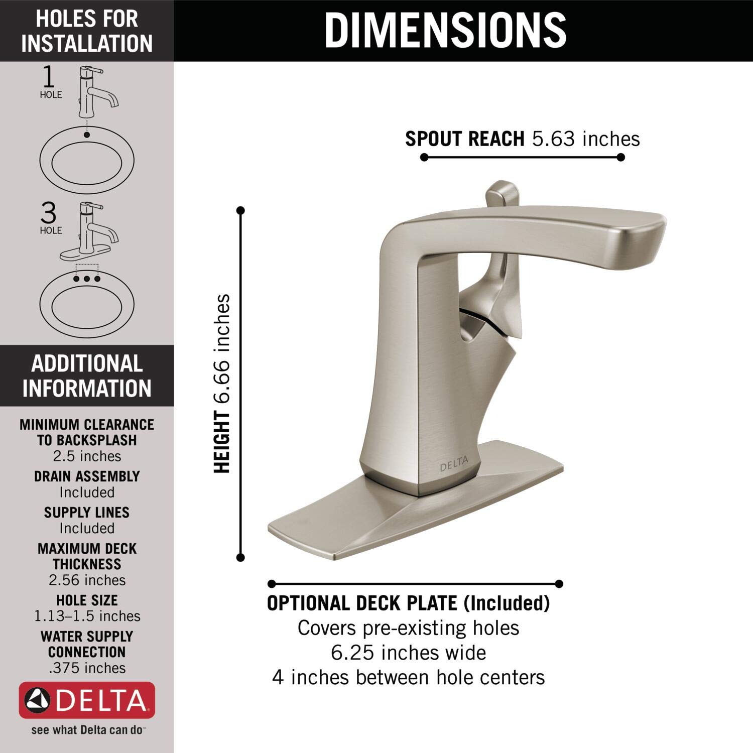 Delta Faucet Vesna - Grifo de baño de un solo agujero, níquel cepillado, mango único, montaje de drenaje, cierre de drenaje sin preocupaciones, níquel cepillado SpotShield 15789LF-SP
