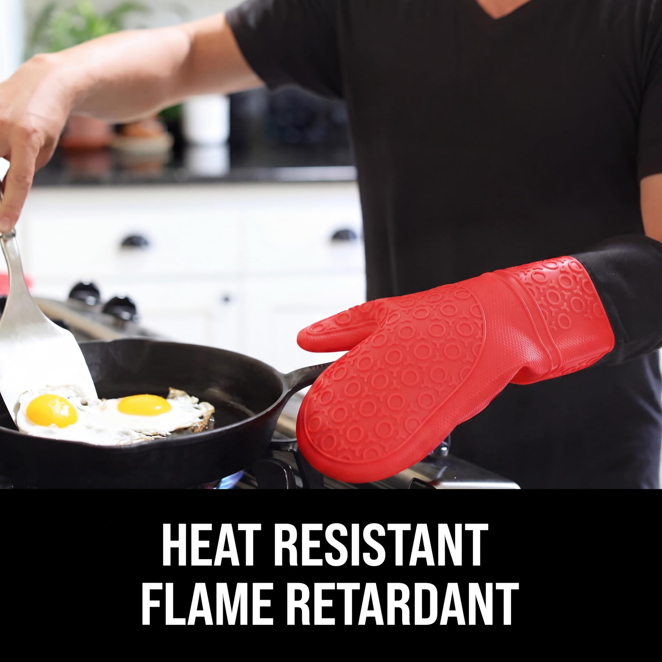 HOMWE Paire de Gants de Cuisine Professionnels Extra Longs en Silicone avec Doublure matelassée, résistants à la Chaleur, Gants de Four Flexibles, Rouge, 37,8 cm