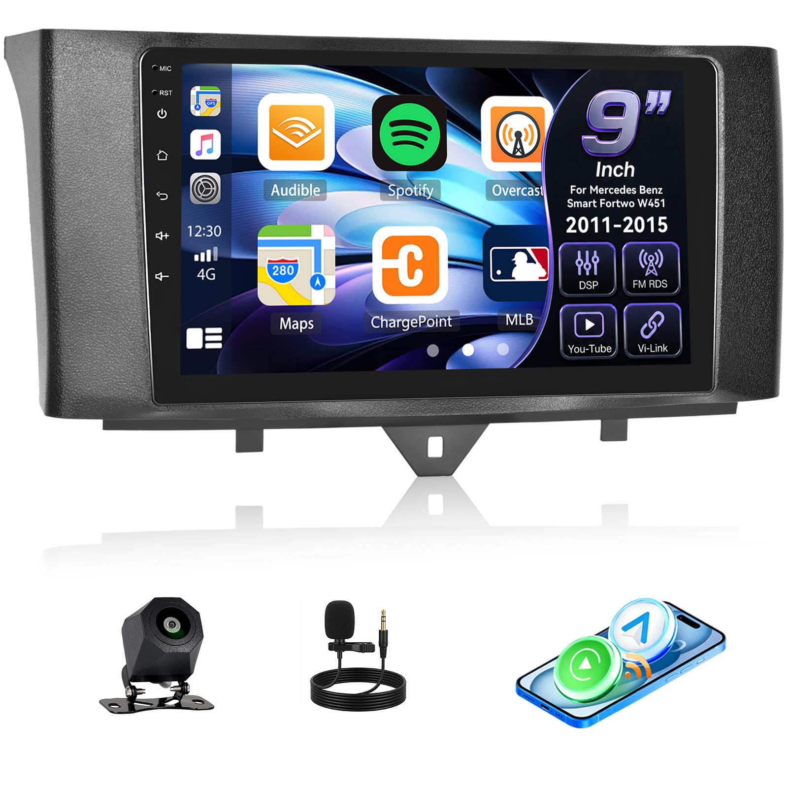 Carplay Autoradio CAMECHO 9 Zoll Radio für Mercedes Benz Smart Fortwo W451 2011-2015 mit Rückfahrkamera, Carplay Android Auto FM RDS, Bluetooth Radio, YouTube,
