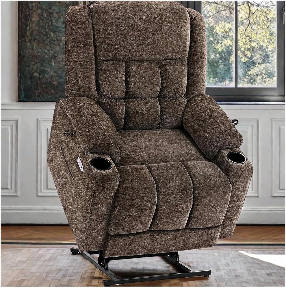 Electric Lift Recliner Chair with Heat and Massage Power Recliner Sofa with Extended Footrest Side Pockets and Remote Control Adjustable Easy Stand Up Living Room Chair