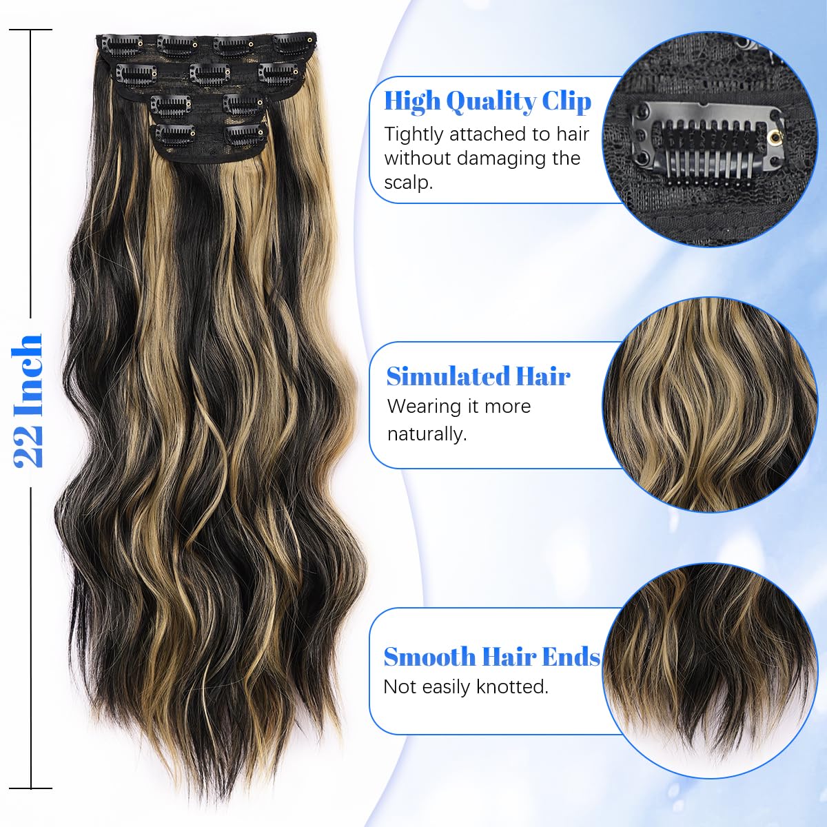 JIAMEISI Clip in Hair Extensions 4PCS Full Head Long Wavy Hair Extensions Synthetic Fiber 22 Inch 200g Clip in Thick Hairpieces for Women/Girls (#1B/27 Natural Black Mixed Honey Blonde) - Image 4