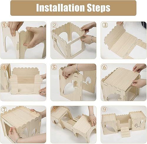 Miniatura 3 de kathson Castillo de madera para conejos, pequeños animales, escondite, casa de juegos de conejo, túnel con ventanas de puente, castillo interior