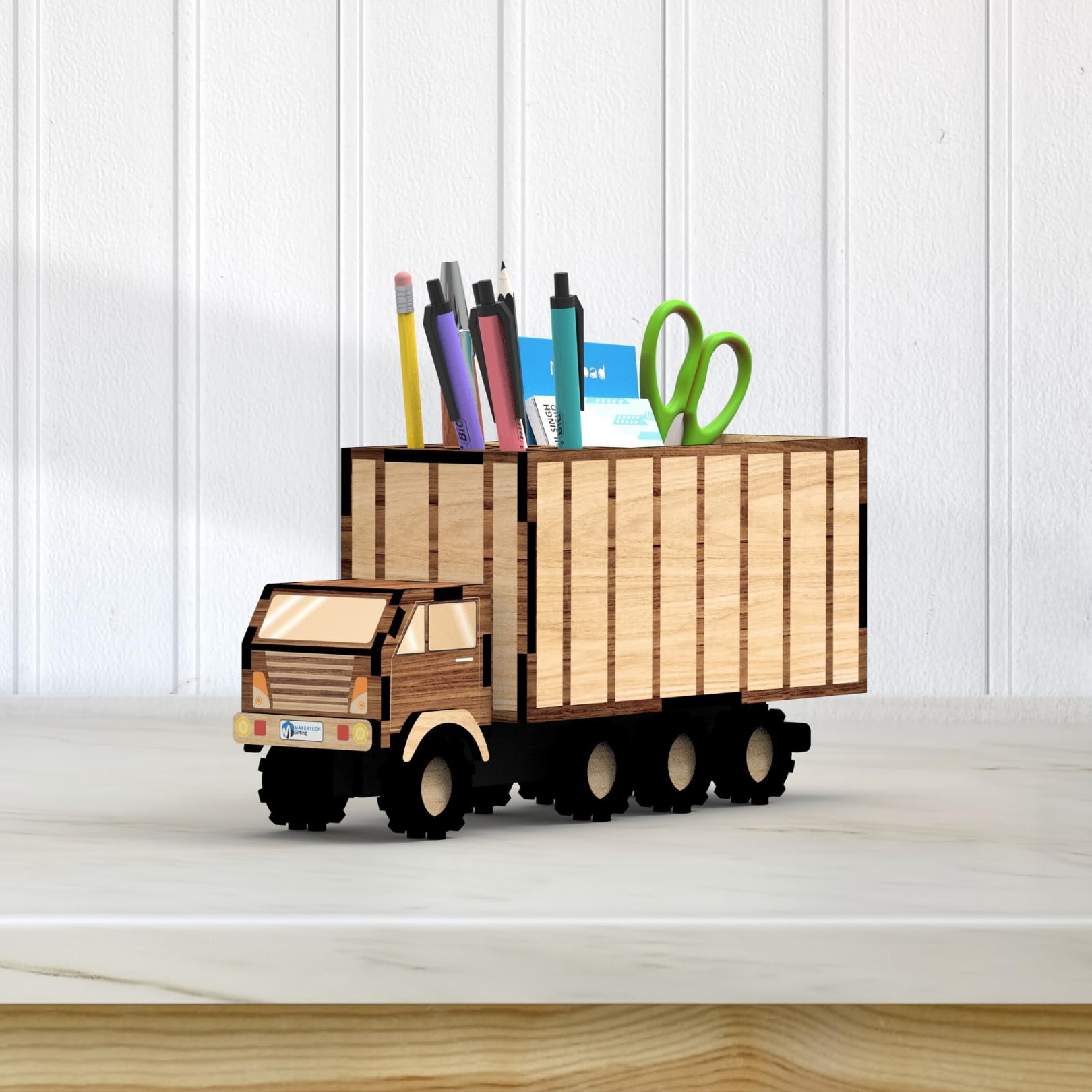 Wooden Rustic Vintage Mini Truck Pen Stand | Pencil Holder | Desk Organizer | Gift for Men, Boys, Father, Friend, Boss, Teacher, Student, Kids | Brown
