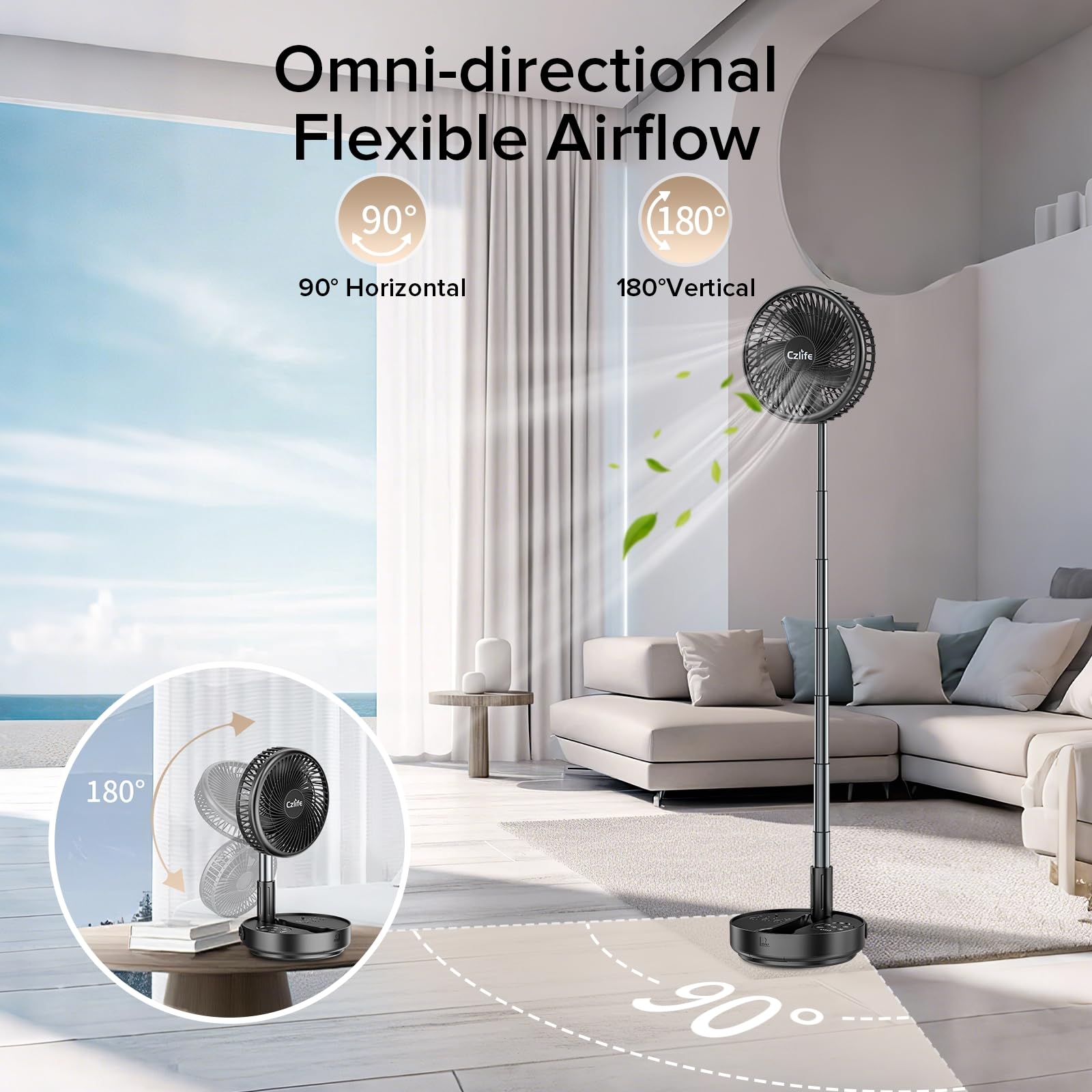 Czlife F9 Ventilador portátil, 10000 mAh, recargable, alimentado por batería para viajes, dormir, camping, dormitorio, al aire libre, escritorio de suelo, ventilador USB inalámbrico con control remoto