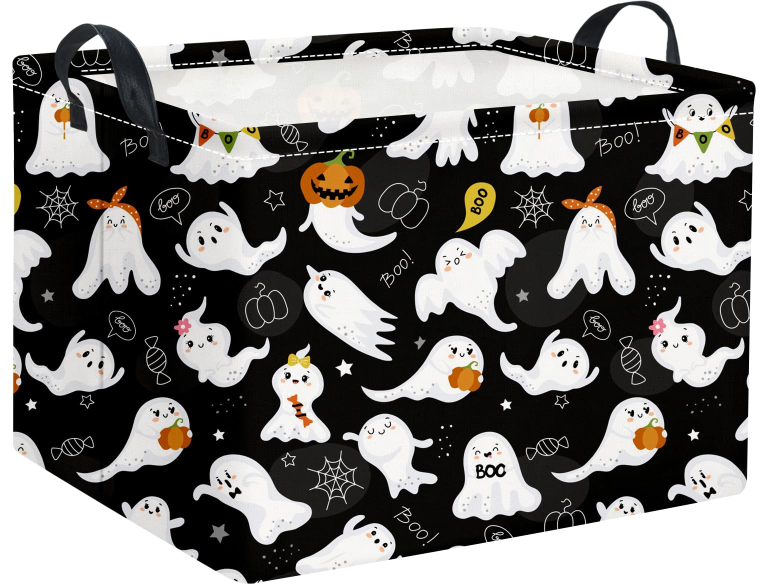 Rectangular Halloween Basket for Boys and Girls Kids Trick or Treat Pumpkin Basket for Halloween Parties Cute Storage Bin Organizer Box Room Decor(Black ghost)