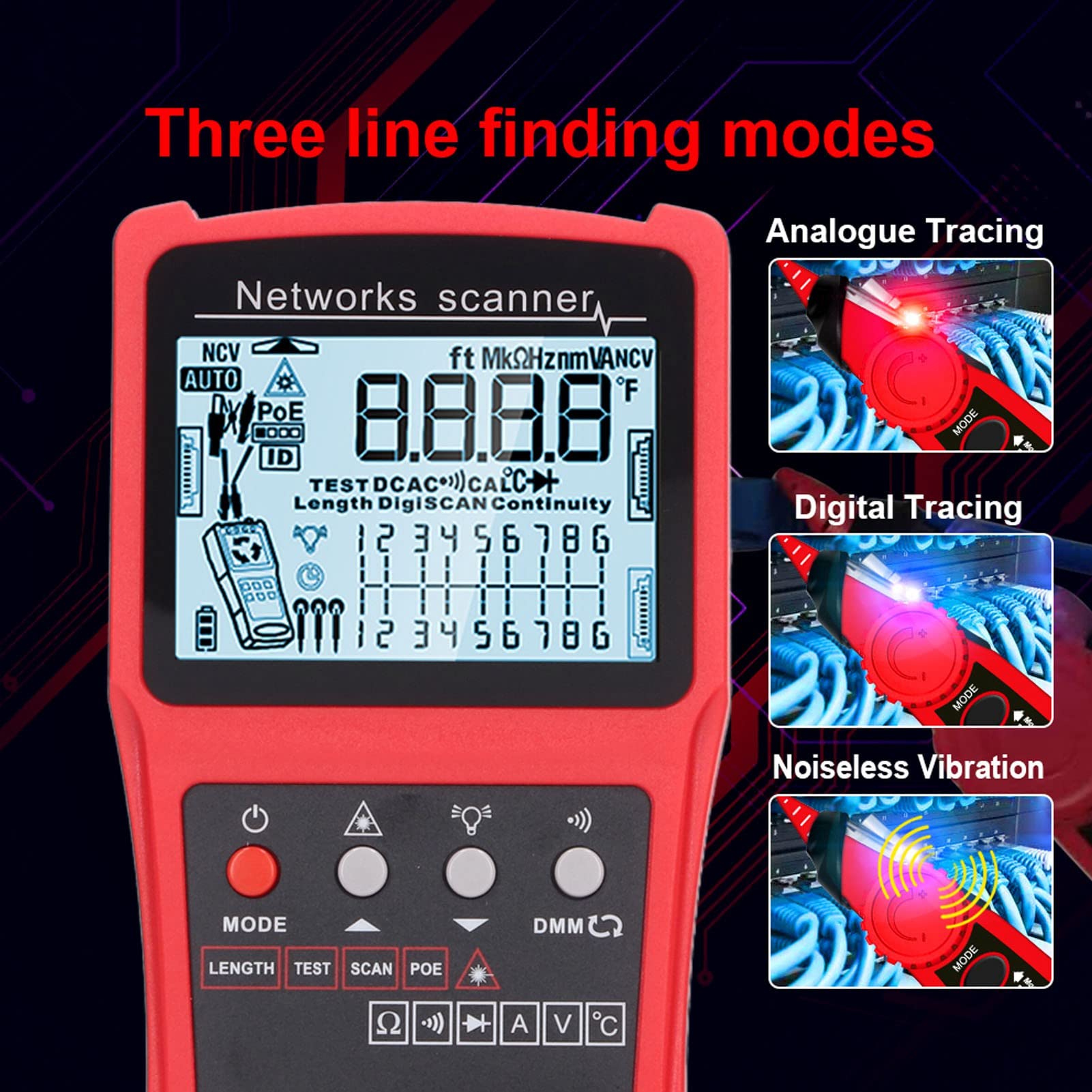 Wakects Tester per Cavi di Rete, Tester per Cavi Ethernet ABS con LCD, Multimetro Lampeggiante con Porta di Test POE e Tracciamento di 3000 M, per Installatori di Elettricisti Manutenzione della Rete