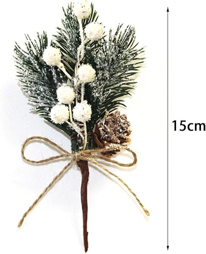 Miniatura 5 de Dysetcs Paquete de 20 ramas de piñas artificiales de Navidad, ramas de pino de 5.9 pulgadas, tallos de bayas de acebo blanco, ramas de pino, tallos