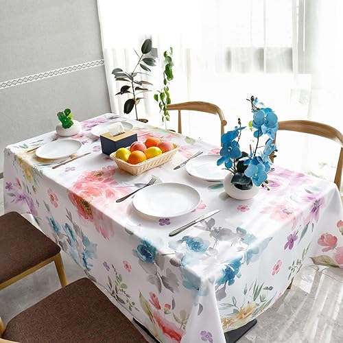 Miniatura 2 de Mantel rectangular de primavera impermeable con borde botánico de flores de acuarela, resistente a las manchas y a las arrugas, mantel de primavera