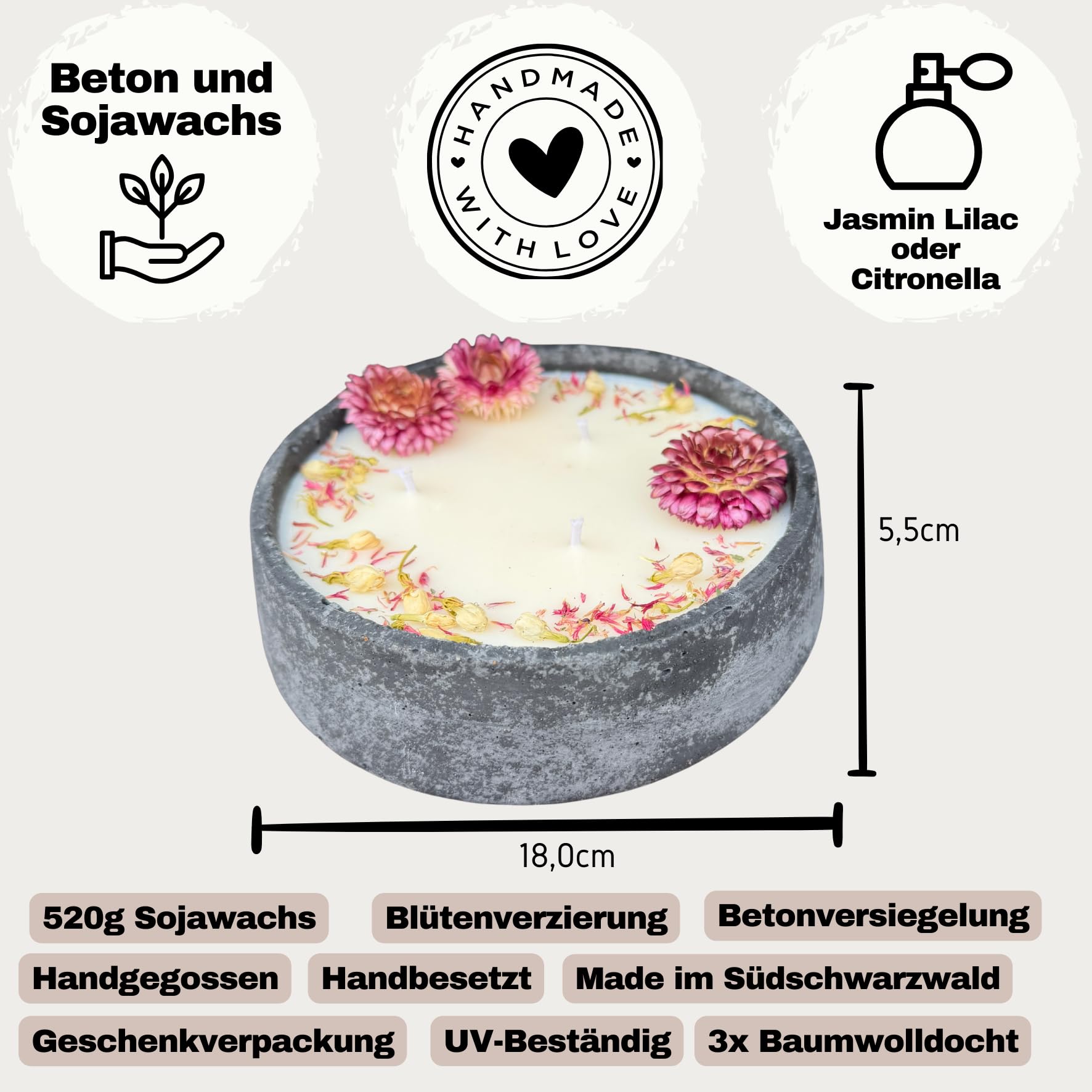 XL Betonkerze "Big Bloom" (Ø 18cm) | Handgegossene 3-Docht Sojawachs Kerze | Mit echten rosa Blüten | Vegan & Nachhaltig | Made in Germany (Frühlings-Deko & Geschenk) (Citronella)