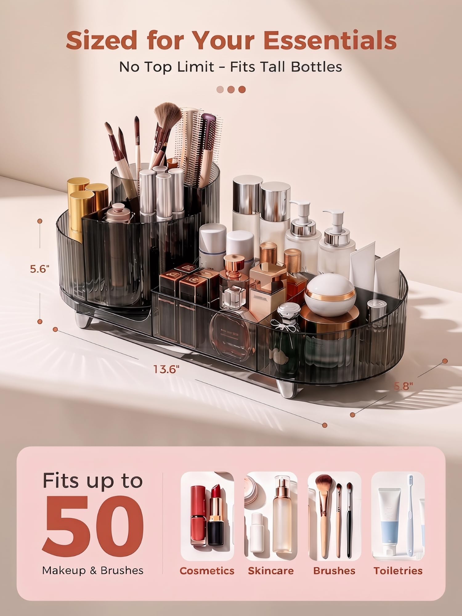 Booklov Modern Elegant Make-up-Organizer, Kosmetik-Display-Case, Schwarz, Poliert, 360° drehbar, 9 Fächer, für 30 Kosmetikartikel, Hochwertiges PET-Material, Tischplatte, 1 Stück