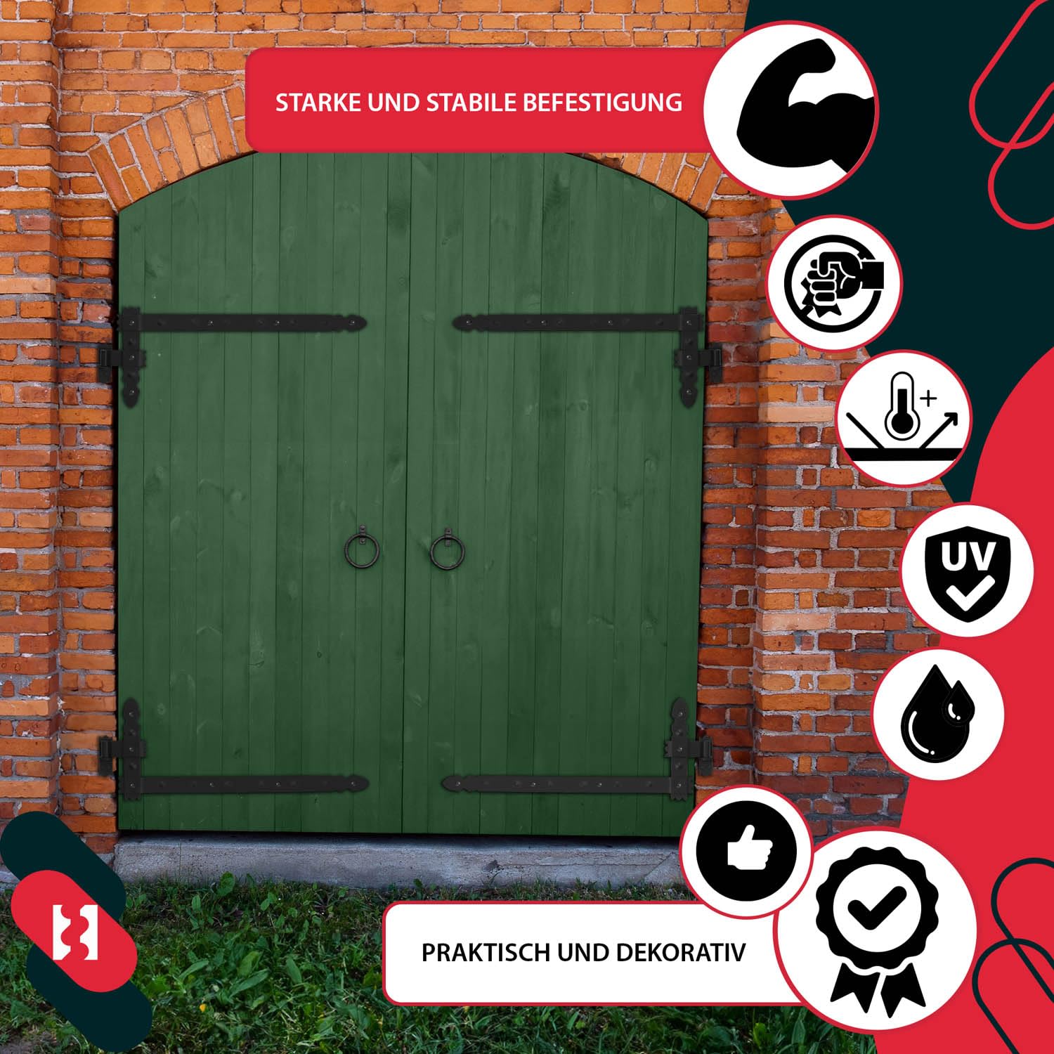 KOTARBAU® 4 x Bisagras angulares, Herraje para contraventanas, Puertas y portones, Bisagras en L 800 x 50 mm, 4 Bisagras para contraventanas de Madera, Bisagras Decorativas, 4 x Gozne + Quicio, Negro