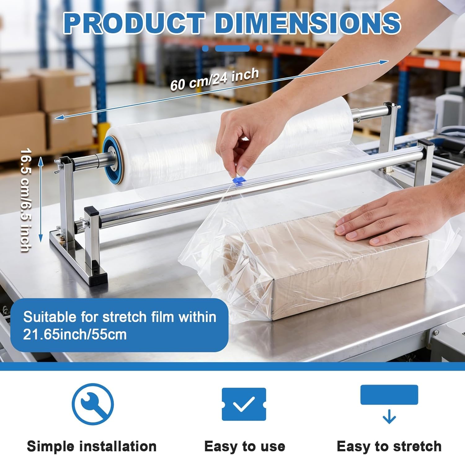 Dévidoir Manuel De Film étirable en Acier Inoxydable - 55 Cm (21,6 Pouces) avec 4 Glissières pour Un Emballage Et Un Transport Efficaces 21.6 inch